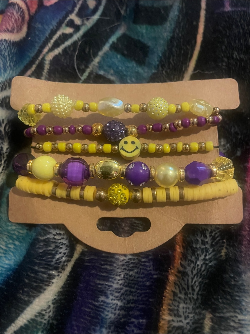 Yellow & Purple Beaded Bracelet Stack - Smiley Accent LSU theme